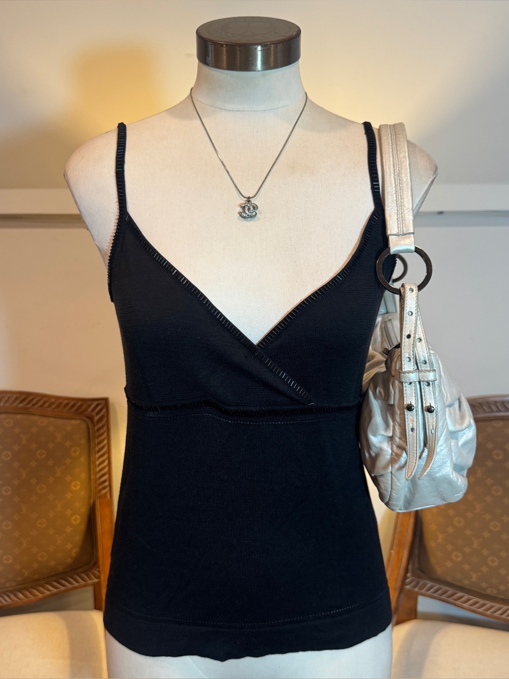 Vintage DKNY Black Silk Beaded Cami Tank Top Size M
